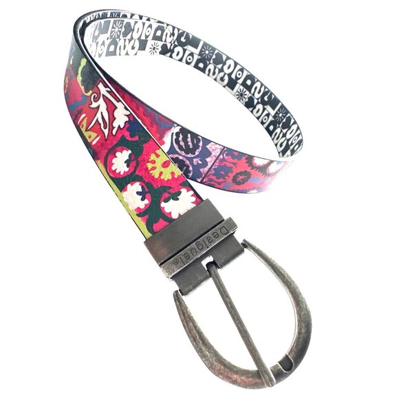 Desigual Reversible Belt Black White Geometric Print & Multicolor Floral Size 36 - Picture 1 of 6